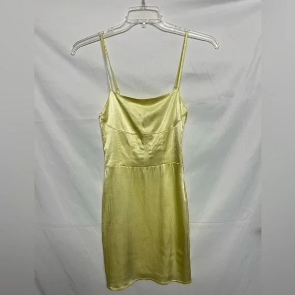 zara yellow bodycon dress Zara Pale Yellow Stretch Satin Seamed Bodycon Strappy Mini Dress S